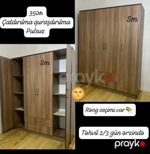 Yeni, 4 qapılı, Siyirməli, Rəngli, Taxta, Açılan, Düz dolab — Digah