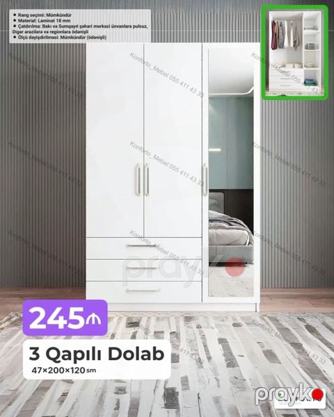 3 qapılı geyim dolabı - Ölçü: 47 200 120 sm - Material: 18 mm — Bakı