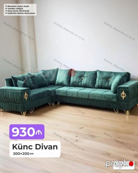 Künc divan – 300×200 sm - Mexanizm: açılan, bazalı (yataq funksiyası — Bakı