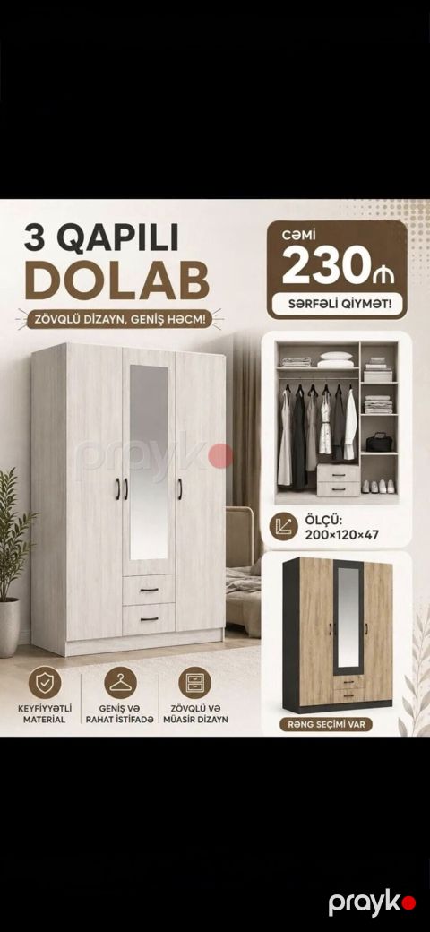 3 qapılı geyim dolabı - Ölçü: 200 120 47 sm - Daxili quruluş — Bakı