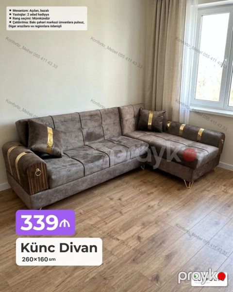 Künc divan – 260×160 sm - Mexanizm: açılan, bazalı (yataq funksiyası — Bakı