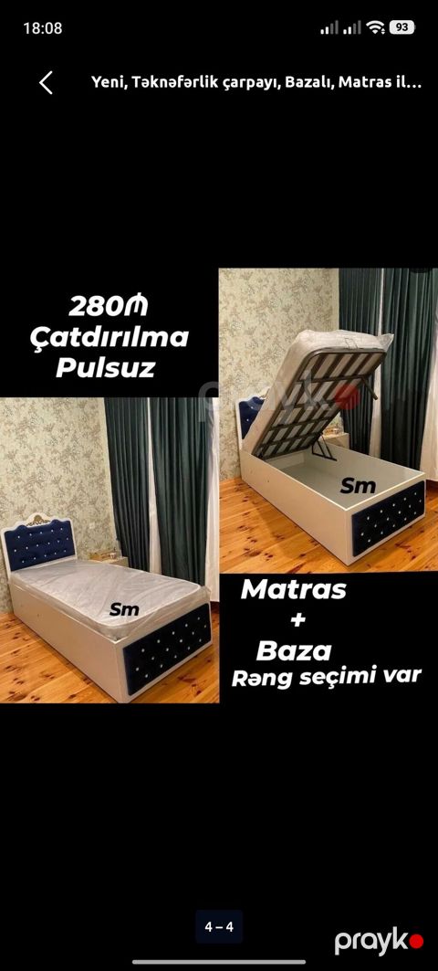 Yeni, Təknəfərlik çarpayı, Bazalı, Matras ilə, Siyirməsiz — Digah