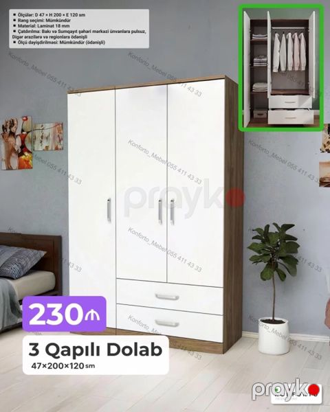 3 qapılı geyim dolabı - Ölçülər: 47 200 120 sm - Material: 18 — Bakı
