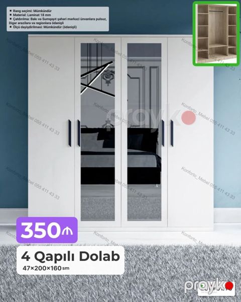 4 qapılı şkaf – 47×200×160 sm - Material: 18 mm laminat - Rəng — Bakı