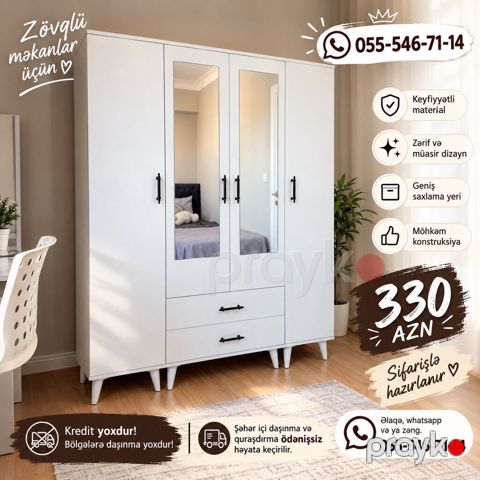 Ağ rəngli, müasir dizayna malik paltar şkafı - Zərif və müasir — Bakı
