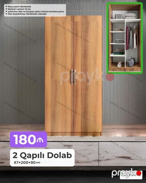 2 Qapılı Dolab - Ölçü: 47×200×90 sm - Material: 18 mm laminat - Rəng — Bakı