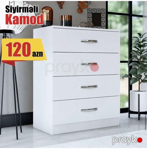 Sıyırmalı komod – 4 çekmecəli, ağ rəngdə, müasir minimal dizayn — Bakı