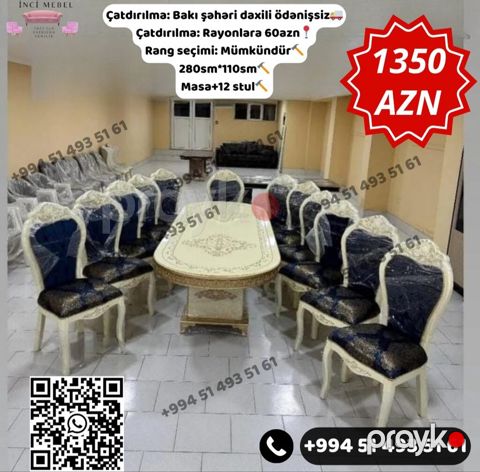 Qonaq otağı üçün, Yeni, Açılmayan, Oval masa, 12 stul — Bakı