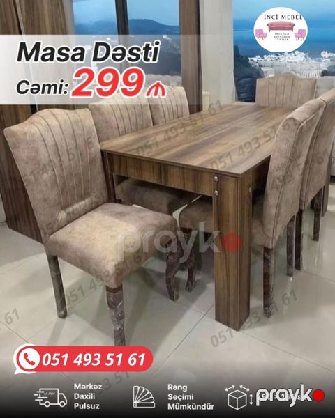 Qonaq otağı üçün, Yeni, Açılmayan, Dördbucaq masa, 6 stul — Bakı