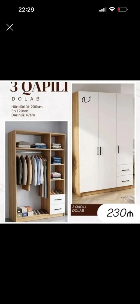 3 qapılı paltar dolabı - Ölçülər: hündürlük 200 sm, en 120 sm — mebeldivansifarisle — Шкафы