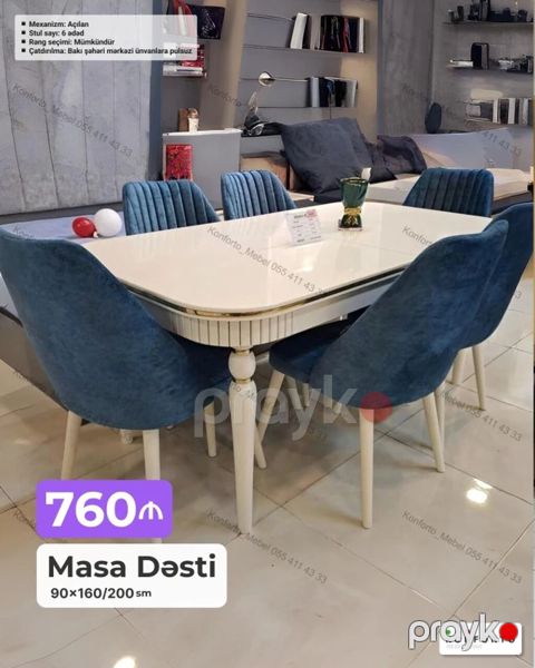 Masa Dəsti – 6 stullu - Ölçü: 90×160/200 sm (açılan mexanizm) — Bakı