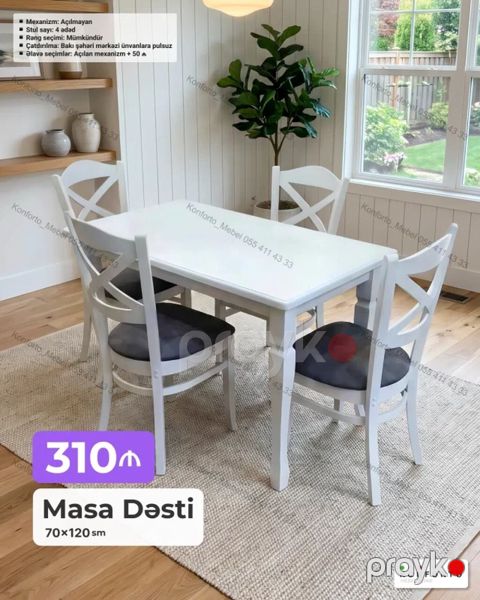 Masa Dəsti – 70×120 sm - Modern üslubda ağ rəngli yemək masası və 4 — Bakı