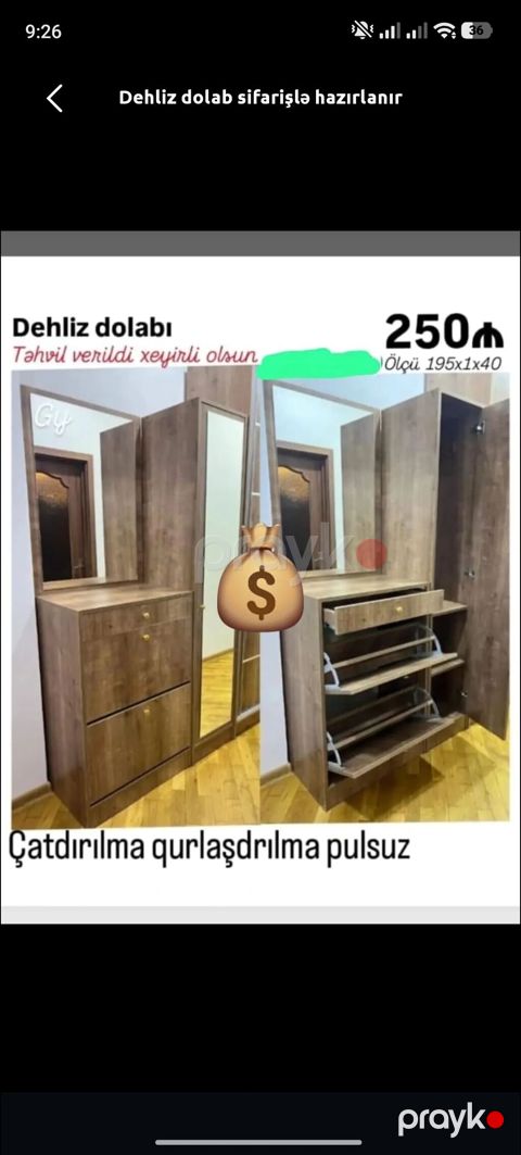 Dehliz dolabı – sifarişlə hazırlanır - Ölçü: 195×100×40 sm (şəkildə — Digah