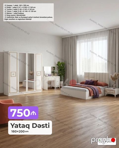 Yataq Dəsti – 160×200 sm Tərkib: - Çarpayı: 1 ədəd, 160×200 sm — Bakı