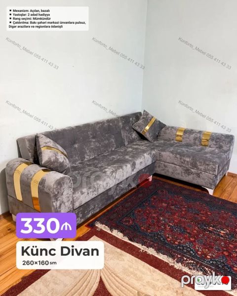 Künc Divan – 260×160 sm - Mexanizm: Açılan, bazalı (yataq funksiyalı — Bakı