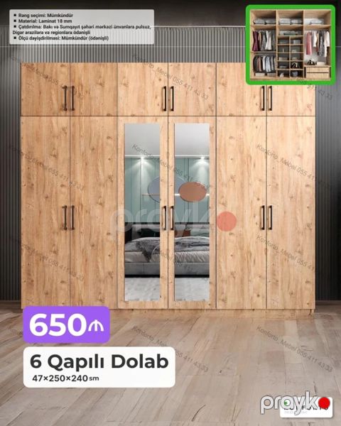 6 qapılı geyim dolabı - Ölçü: 47 250 240 sm - Material: 18 mm — Bakı