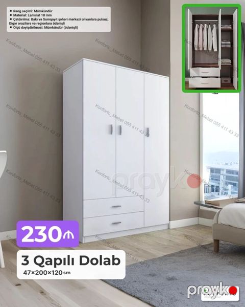 3 Qapılı Dolab – 47×200×120 sm Xüsusiyyətlər: - Material: 18 mm — Bakı