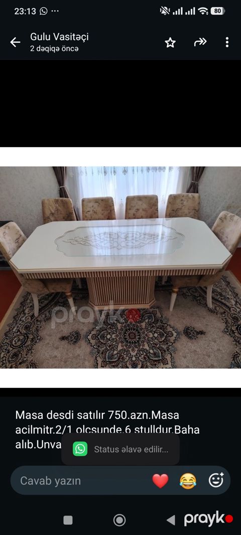Masa desdi satılır 750.azn.Masa acilmitr.2/1 olcsunde.6 stulldur.Baha — Bakı