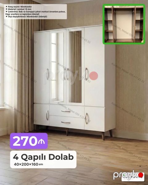 4 qapılı dolab – 40×200×160 sm - Rəng seçimi: mümkündür - Material — Bakı