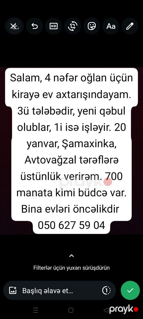 Axtarış: 4 nəfər oğlan üçün kirayə ev Tələblər: - 3 nəfər tələbə — Bakı