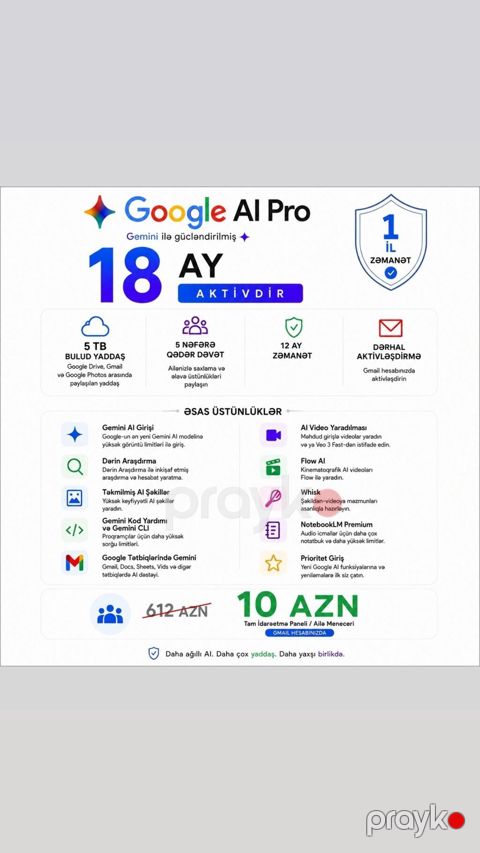Google AI Pro 18 aylıq Xidmət məzmunu: - Aktivlik müddəti: 18 ay — Gəncə