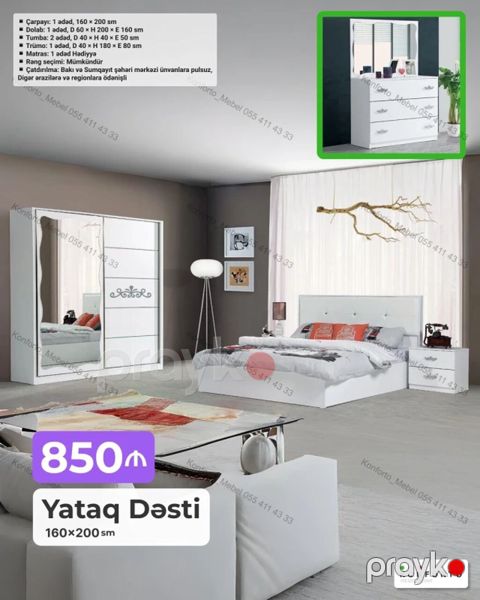 Yataq Dəsti – 160×200 sm Komplekt: - Çarpayı: 1 ədəd, 160×200 sm — Bakı