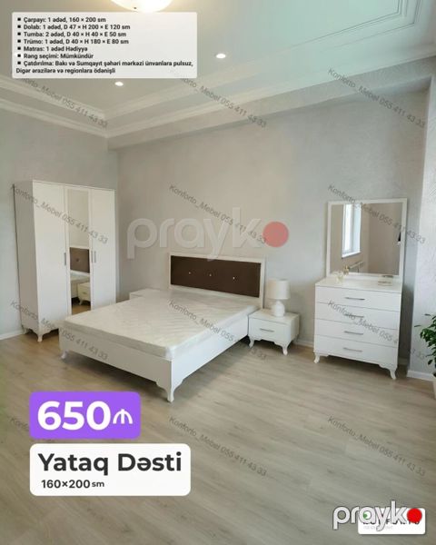 Yataq Dəsti – 160×200 sm Komplekt: - Çarpayı: 1 ədəd, 160×200 sm — Bakı