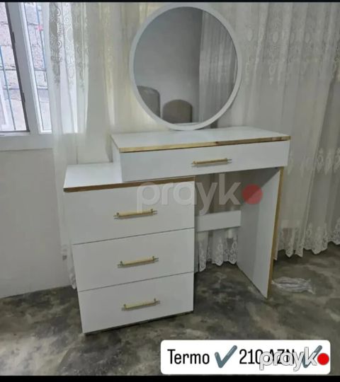 Ağ rəngdə kosmetik stol/termomasası. Dairəvi güzgü ilə komplektdir — Bakı