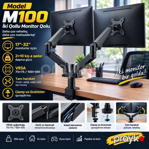 Model M100 – İki qollu monitor qolu - 17–32 düym monitorlar üçün — Xırdalan