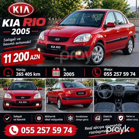 Kia Rio – 2005, sedan, qırmızı rəng. Qiymət: 11 200 AZN. Yürüş: 265 — Qobu