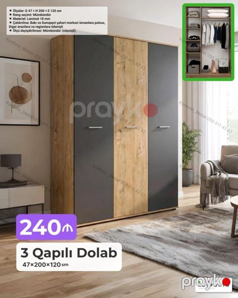 3 qapılı paltar dolabı – 47×200×120 sm - Ölçülər: Dərinlik 47 sm — Bakı