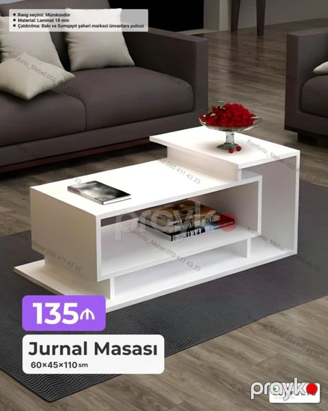 Jurnal Masası – müasir dizaynlı, çoxsəviyyəli ağ rəfli model Ölçü: 60 — Bakı