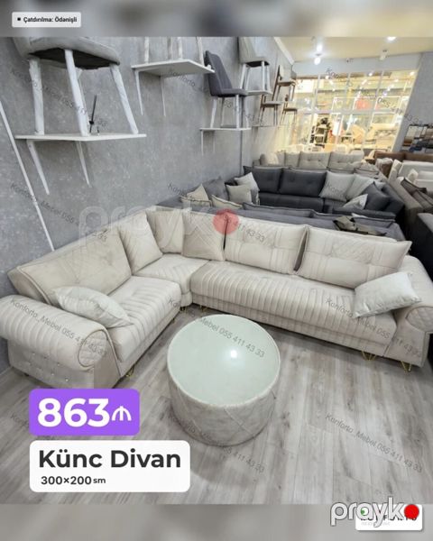 Künc divan – 300×200 sm - Rəng: açıq bej - Müasir dizayn: zolaqlı — Bakı