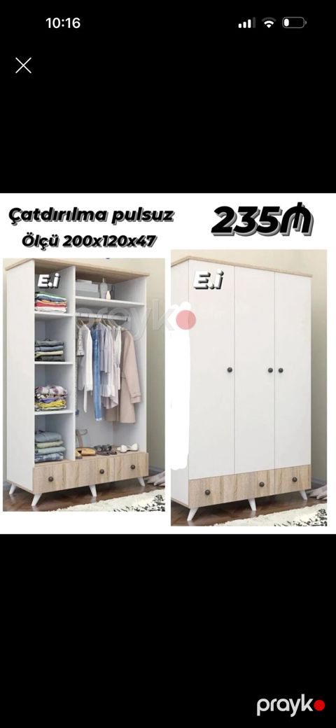 Üç qapılı paltar dolabı - Ölçü: 200 x 120 x 47 sm - Rəng: ağ korpus — Bakı