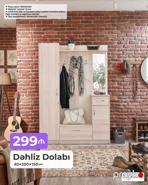 Dəhliz dolabı – 40×200×150 sm Xüsusiyyətlər: - Rəng seçimi: mümkündür — Bakı