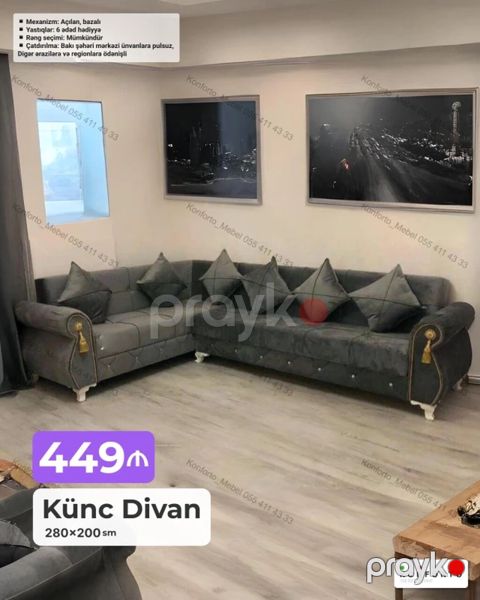 Künc Divan – 280×200 sm - Mexanizm: Açılan, bazalı (yığıma yerli) — Bakı