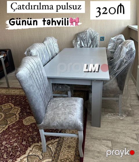 Yemək masası dəsti – 6 nəfərlik - Rəng: boz (monoxrom dizayn) - Dəst — Mehdiabad