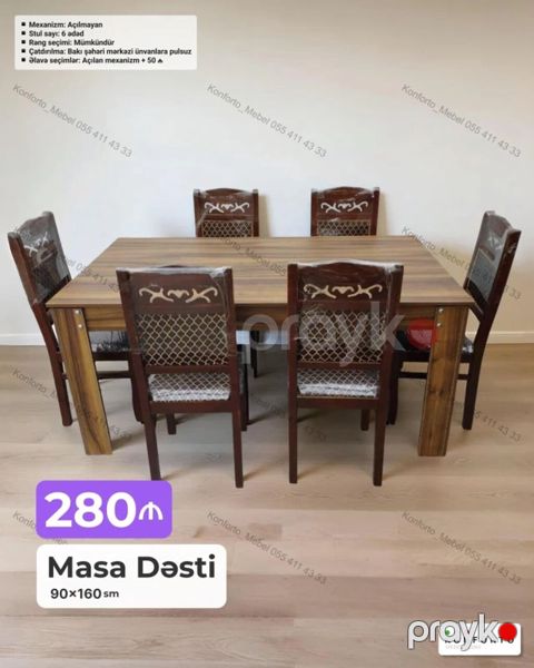 Masa dəsti – 90×160 sm - Komplekt: masa + 6 ədəd stul - Mexanizm — Bakı
