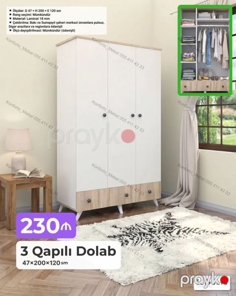 3 qapılı geyim dolabı - Ölçülər: 47 200 120 sm - Material: 18 — Bakı