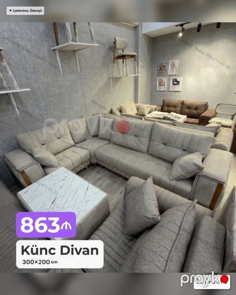 Künc divan – 300×200 sm - Yumşaq toxumalı, açıq boz rəngli parça — Bakı
