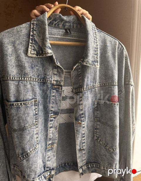 Mavi yuyulmuş effektli cins jäket - Model: oversize kəsim, qısa — Bakı