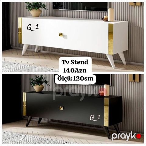TV stend – müasir minimal dizayn, qızılı dekor elementləri ilə — Bakı