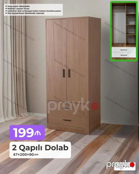 2 qapılı dolab – 47×200×90 sm Xüsusiyyətlər: - Material: 18 mm — Bakı