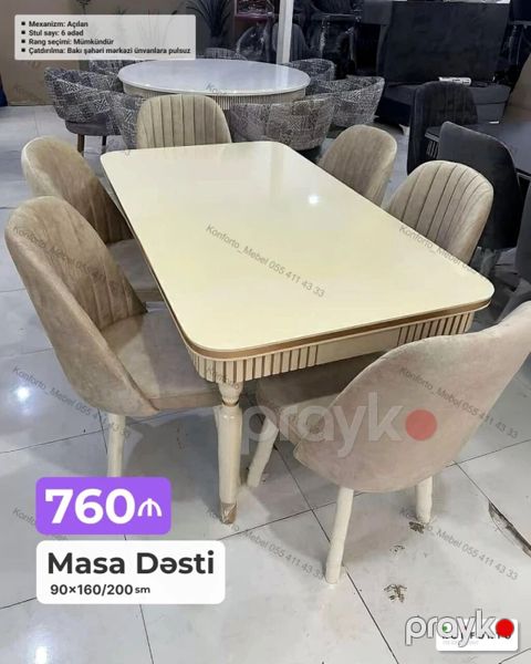 Masa Dəsti – 6 stul ilə - Ölçü: 90×160/200 sm (mexanizm: açılan, masa — Bakı