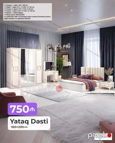 Yataq Dəsti – 160×200 sm Komplekt: - Çarpayı: 1 ədəd, 160×200 sm — Bakı