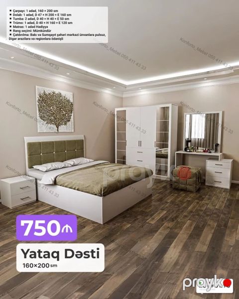 Yataq Dəsti – 160×200 sm Komplektasiya və ölçülər: - Çarpayı: 1 ədəd — Bakı