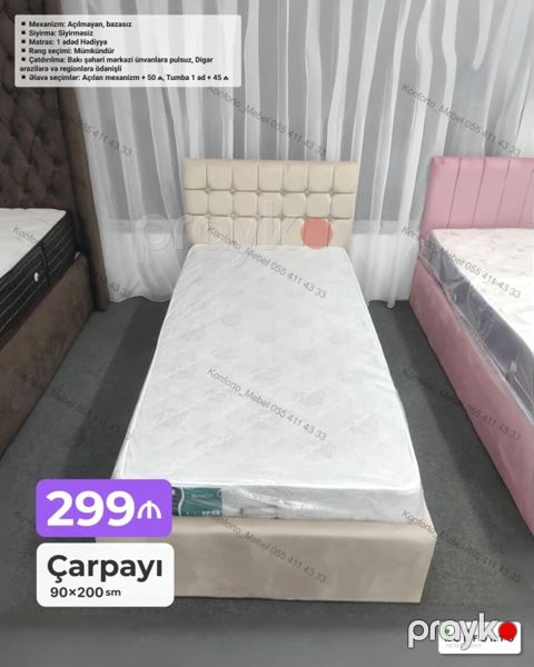 Tək nəfərlik çarpayı – 90×200 sm - Mexanizm: Açılmayan, bazasız — Bakı