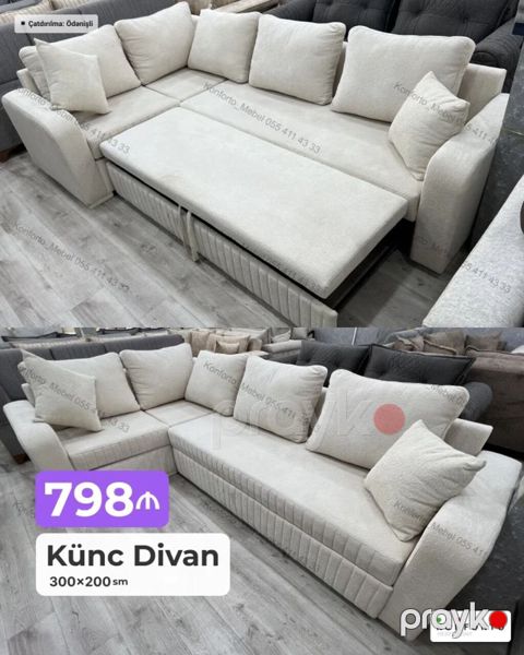 Künc divan – 300×200 sm - Yumşaq, krem rəngli parça üzlük - Geniş — Bakı