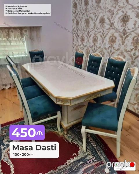 Məhsul: Masa Dəsti Ölçü: 100×200 sm Qiymət: 450₼ Tərkibi: - 1 — Bakı