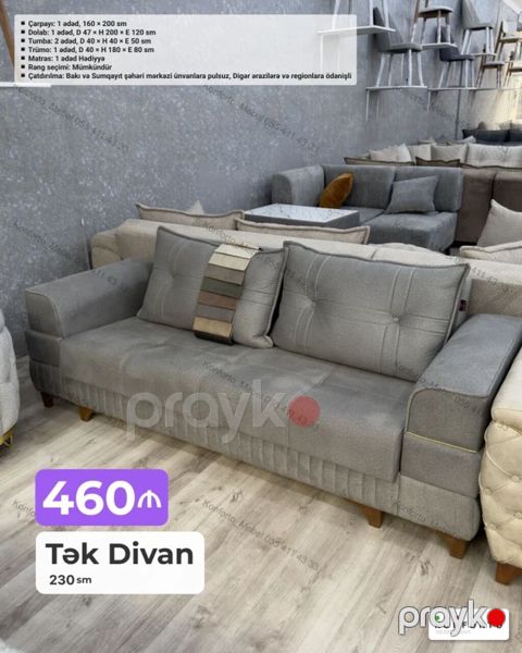 Tək divan – 230 sm - Rəng: boz (neytral ton, müxtəlif interyerlərlə — Bakı